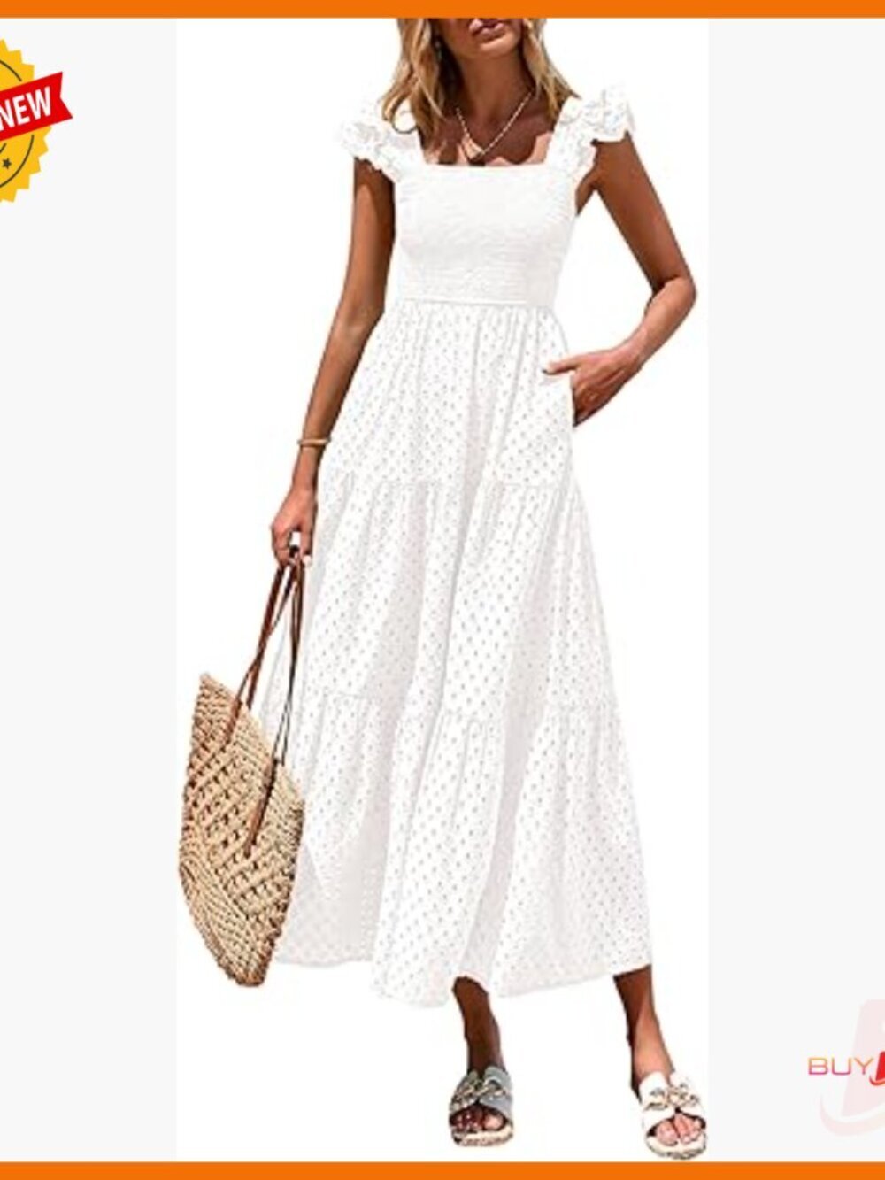 Summer Maxi Dress with Pockets, Smocked Bodice, Eyelet Detail, 100% Cotton